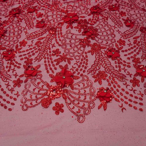 Tecido renda tule com glitter bordado floral vermelho