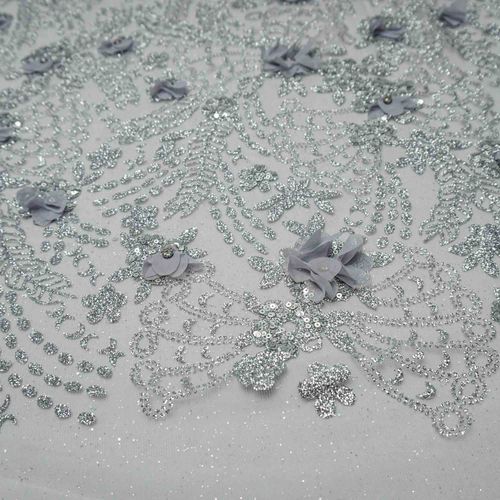 Tecido renda tule com glitter bordado floral prata