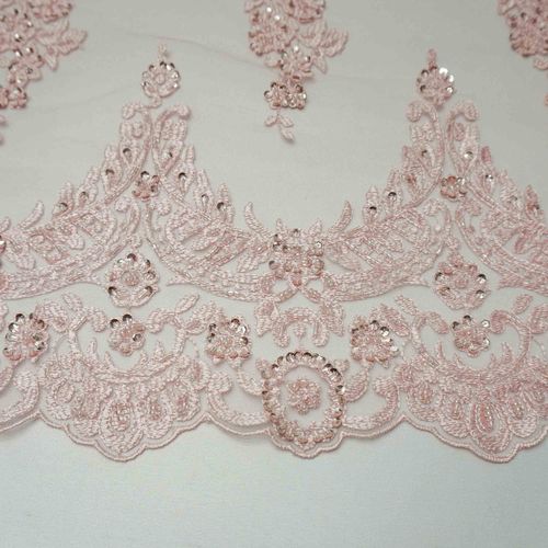 Tecido renda tule bordado pedraria rosa bebê