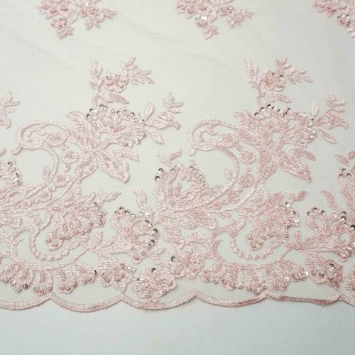 Tecido renda tule bordado pedraria rosa bebê
