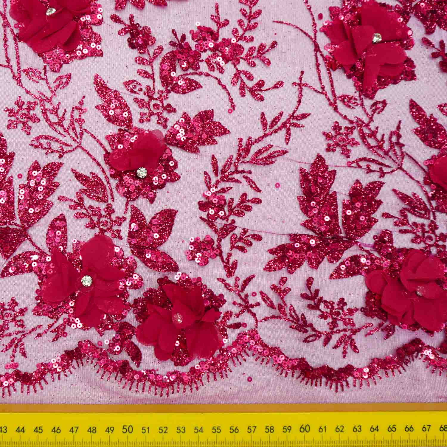 Tecido renda tule glitter e paetê com flor 3d pink