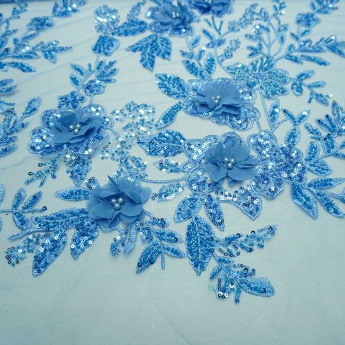 Tecido renda tule bordado pedraria pérolas, paetê e flor 3d azul serenity