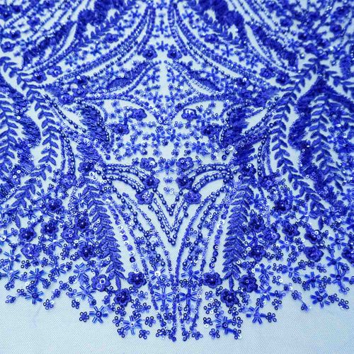 Tecido tule bordado pedraria mini paetê e pérolas azul royal