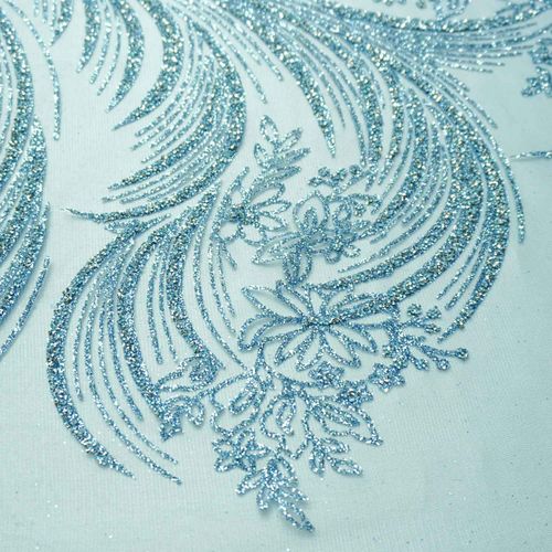 Tecido tule com glitter diamante quebrado folhas azul bebê