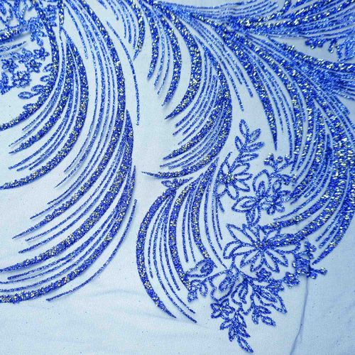 Tecido tule com glitter diamante quebrado folhas azul royal