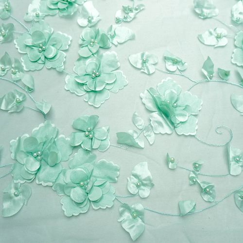 Tecido renda tule bordado flores com pérolas verde claro