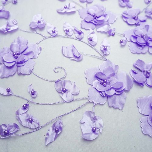 Tecido renda tule bordado flores com pérolas lavanda