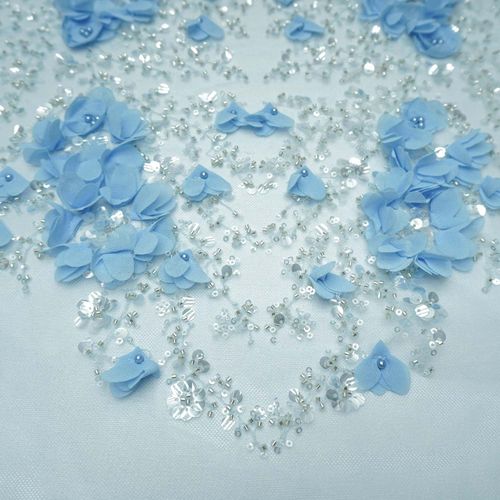 Tecido tule bordado mini paete floral 3d azul claro