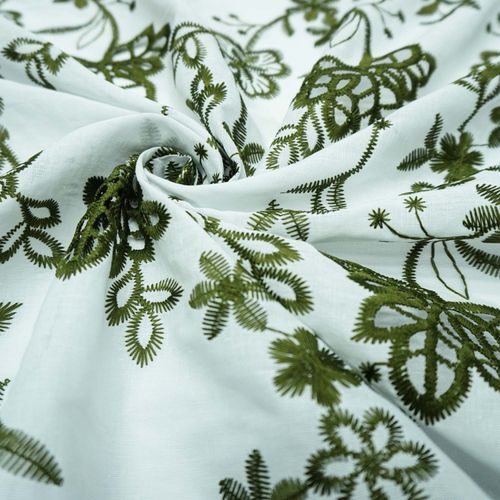 Tecido cambraia de algodao bordado poliester branco/verde
