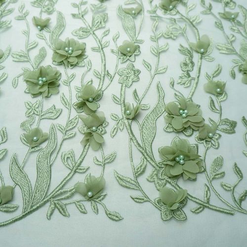 Tecido tule bordado perola flor 3D verde menta