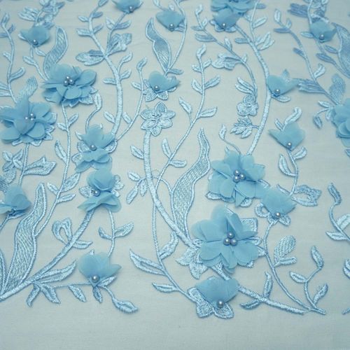Tecido tule bordado perola flor 3D azul claro