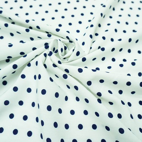 Tecido crepe leve estampado poa off white/azul marinho