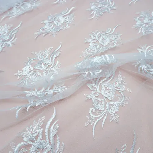 Tecido renda tule barrado bordado branco - und 40cmx130cm