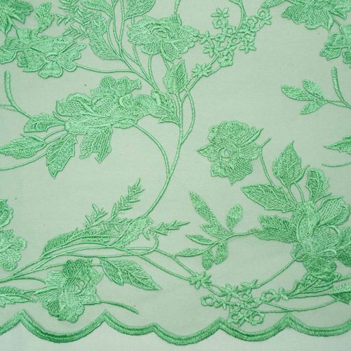 Tecido renda tule bordado floral verde menta