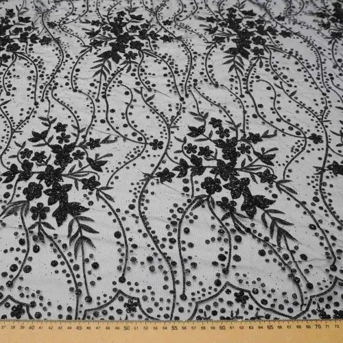 Tecido tule glitter floral preto - und 23x130cm