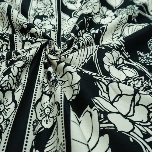 Tecido tricoline com elastano floral preto/marfim (tecido italiano legitimo)