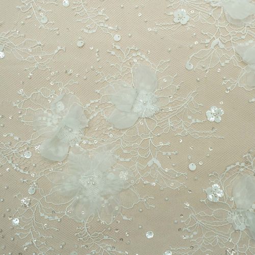 Tecido renda tule bordado flor 3d off white