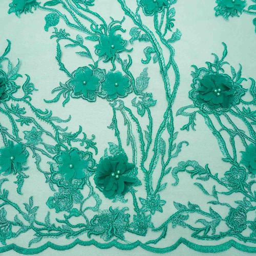Tecido renda tule bordado verde floral 3D
