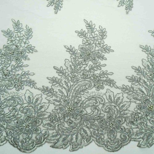 Tecido renda tule bordado pedraria cordonê cinza