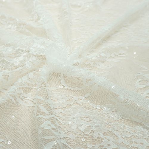 Tecido renda chantilly micro paetê off white