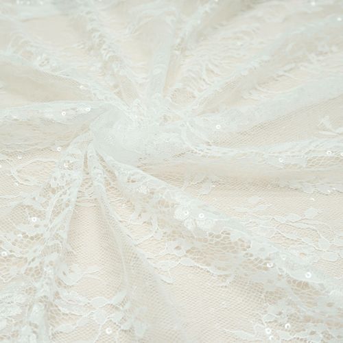 Tecido renda chantilly micro paetê branco
