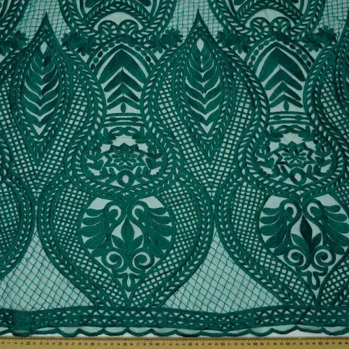 Tecido renda tule bordado arabesco verde escuro - und 28x132cm