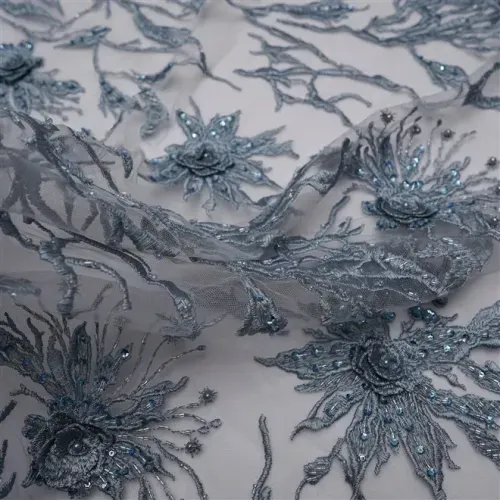 Tecido renda tule bordado pedraria azul serenity