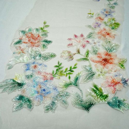 Tecido renda tule rosa chá bordada pedraria floral - und 34x132cm