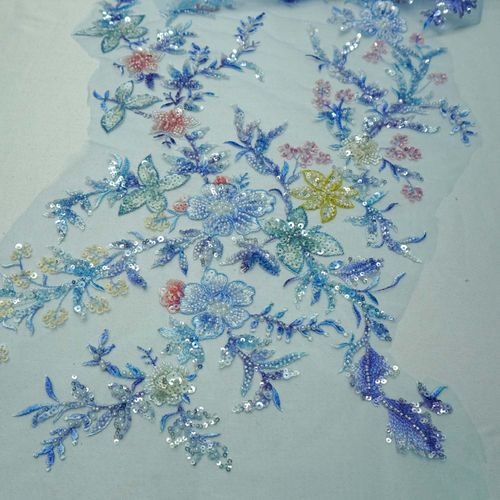 Tecido renda tule azul serenity bordada pedraria - und 36x127cm