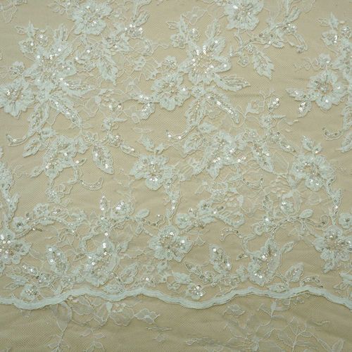 Tecido renda tule bordado pedraria off white