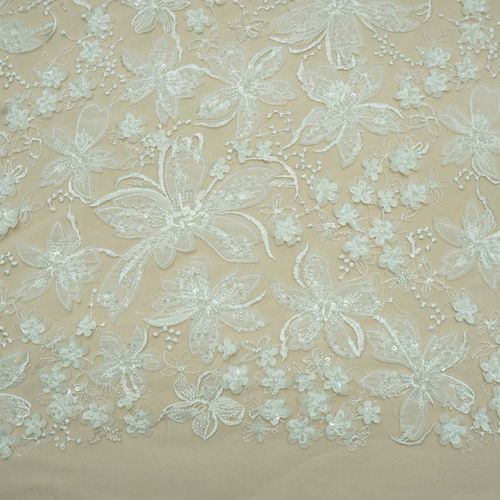 Tecido tule bordado flor 3d pedraria off white
