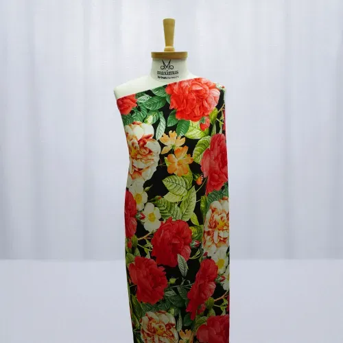 Tecido viscose rustica preto estampado floral - und 100x150cm