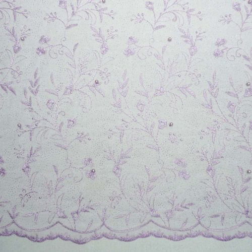 Tecido renda tule bordado com pérolas e glitter lilás