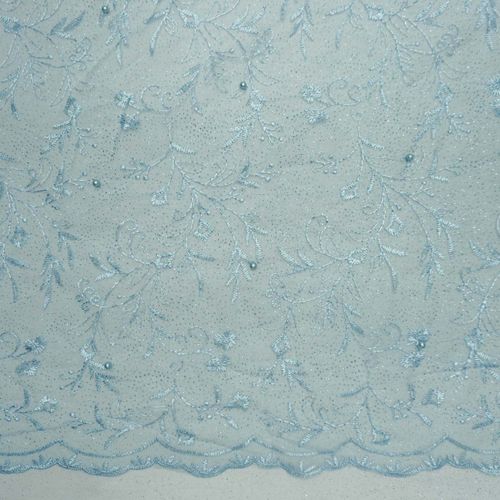 Tecido renda tule bordado com pérolas e glitter azul serenity
