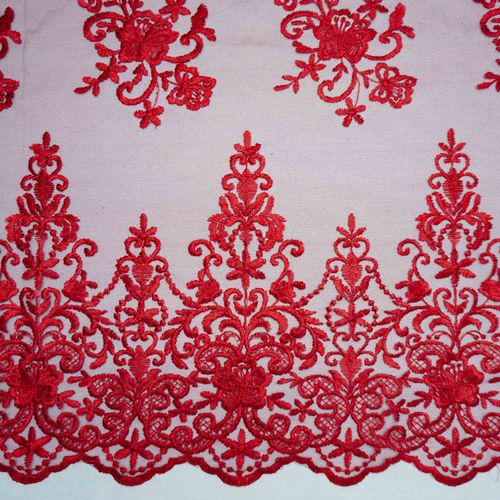 Tecido renda tule bordado floral vermelho