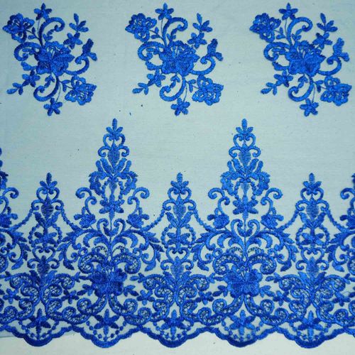 Tecido renda tule bordado floral azul royal
