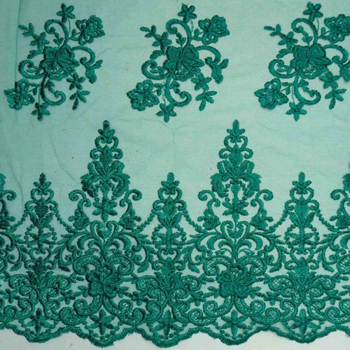 Tecido renda tule bordado floral verde esmeralda