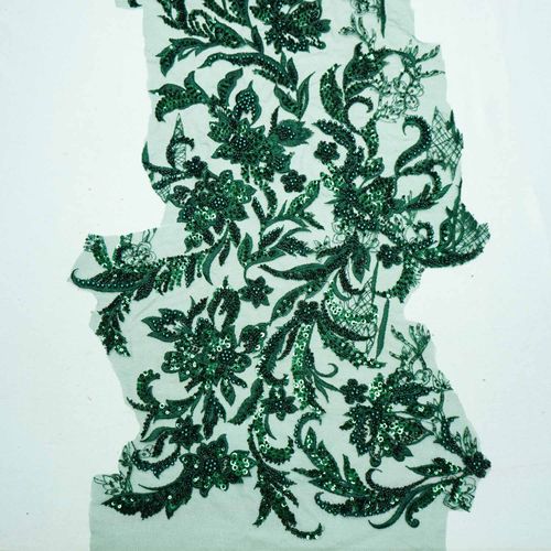 Tecido renda tule bordado pedraria verde esmeralda - Und 34cmx130cm