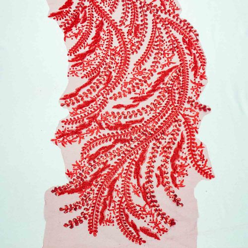 Tecido renda tule bordado pedraria e paetê vermelho - Und 34cmx130cm