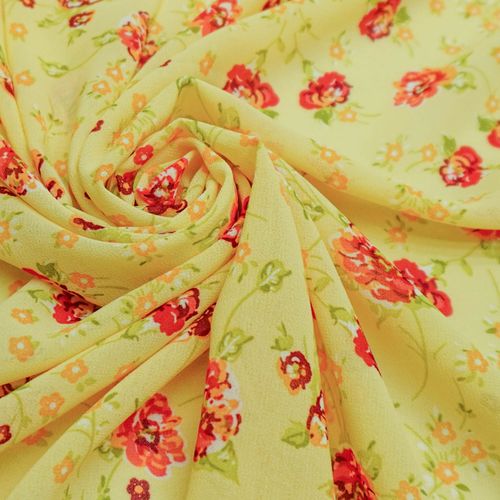 Tecido musseline toque de seda amarelo estampado floral